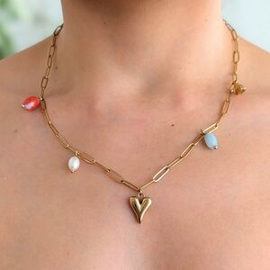 Gold Heart Pendant Chain Necklace with Multicolor Beads - Women Jewelry